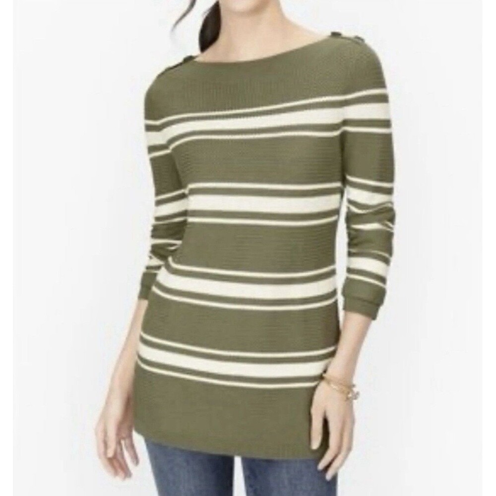 Talbots Green White Stripe Long Sleeve Boat Neck Button Shoulder Sweater Medium